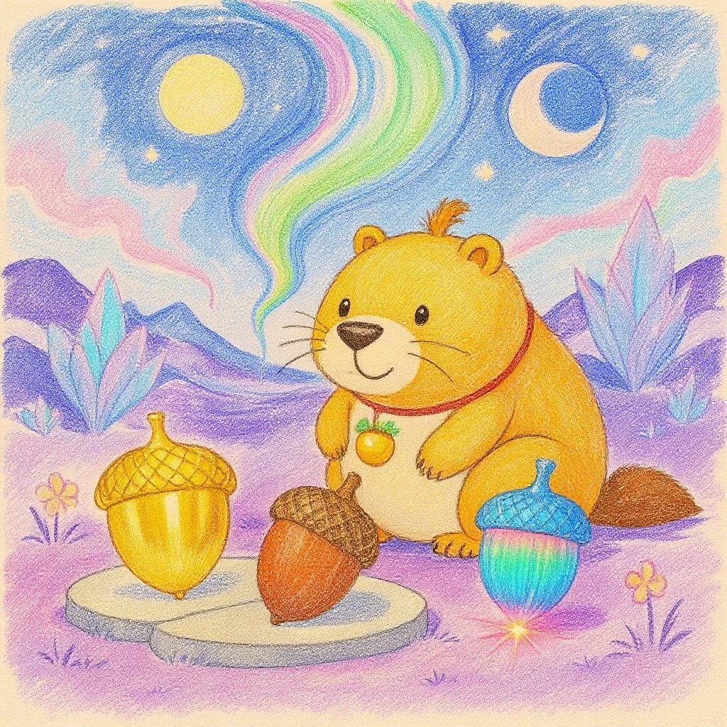 Kappy stands before three acorns—golden, ordinary, and crystal—wondering quietly which single one to take home. （金のどんぐり、普通のどんぐり、クリスタルのどんぐりを前に、「どれにしようかな？一個だけ持って帰るかぴ」と悩むカッピー。）