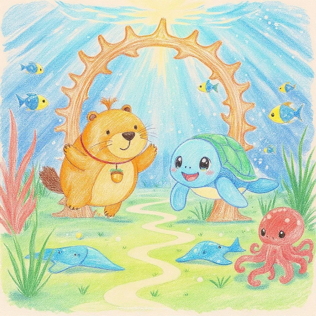 Kappy and Kamekichi meeting many ocean creatures, surrounded by fish and underwater light. (Kappies forest friends) たくさんの海の仲間たちに出会い、光の届く海中で楽しそうに過ごすカッピーとカメ吉。