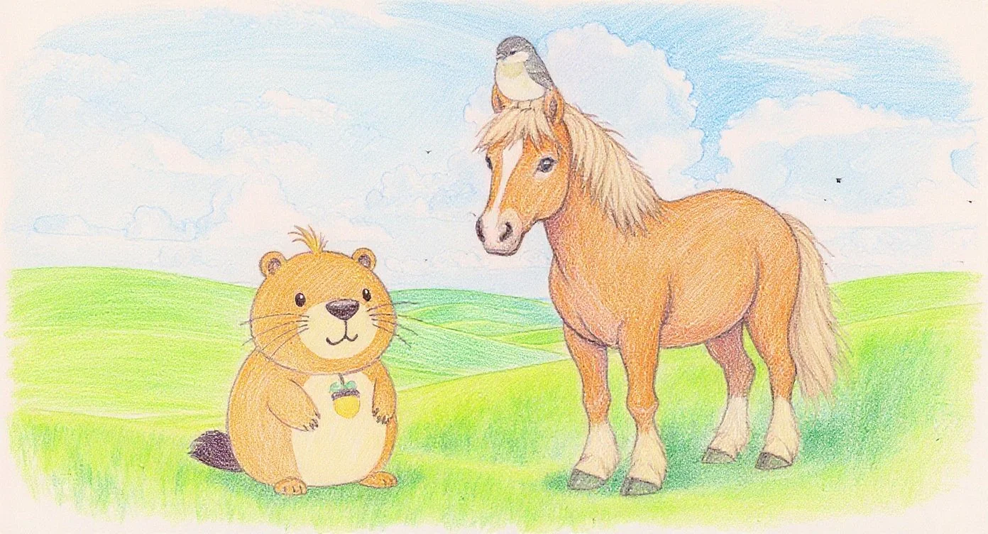 Kappy meets a horse and a sparrow. Both of them are standing quietly. こんどはおうまさんとスズメちゃんにあいました。2ひきともぼーっとしていました。