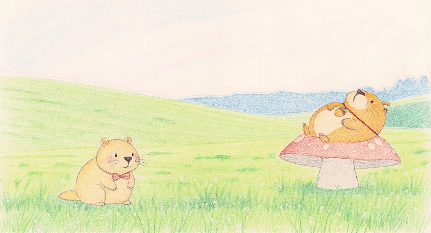 Kinari watches Kappy napping on a big red mushroom in the middle of a green meadow, looking a little worried about how much he sleeps. （緑の草原のまんなかで赤いきのこの上にごろーんとお昼寝しているカッピーを、きなりちゃんが「この子いつも寝てばかりで心配です」と言いたげに見つめている一コマ。）