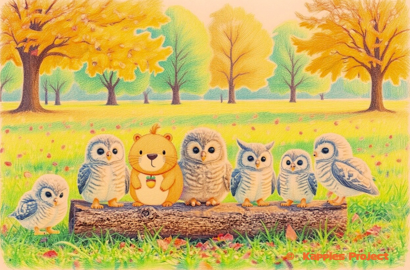 もふっもふっかぴっ！もふっもふっもふっもふっ　フクロウたちとカッピーが並んでいるよ。