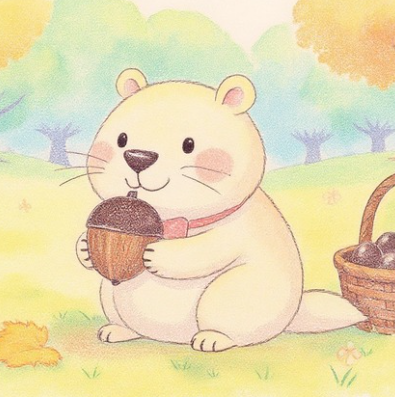 Kinari the gentle capybara sits in the sunny forest, shyly holding a big acorn with a basket full of acorns beside her. （やわらかな陽だまりの森で、恥ずかしそうに大きなどんぐりを抱え、そばのかごにもどんぐりをたくさん集めているきなりちゃんの紹介シーン。）