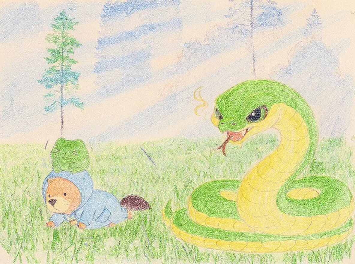 こてっ。あとちょっとで森を抜けられるのに、カッピーは転んでしまいました。もうだめだ！大蛇はしめしめと舌なめずり。「さあ、食べてあげるわよ」と大蛇は言っています。