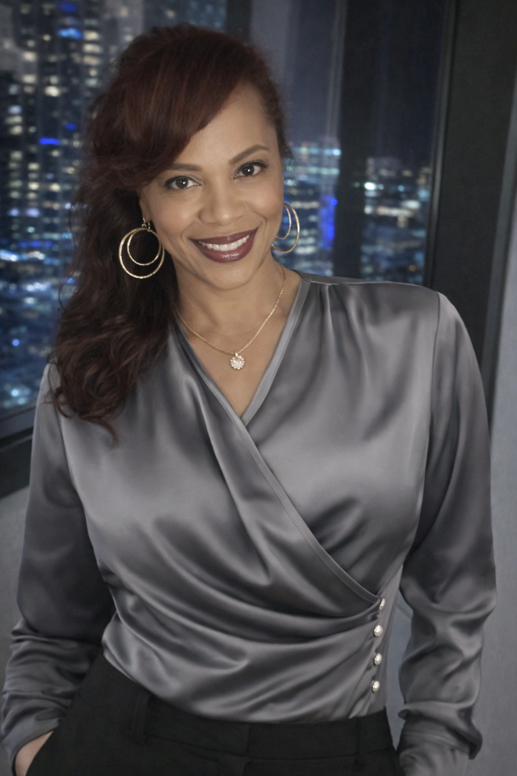 A woman with shoulder-length wavy hair, wearing a gray satin wrap blouse, gold hoop earrings, a gold necklace with a floral pendant, and dark lipstick, standing in a high-rise building at night with a cityscape view of illuminated skyscrapers in the background.