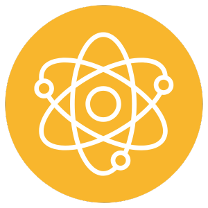 Icon of an atomic structure with electrons orbiting around a nucleus, on a yellow background.