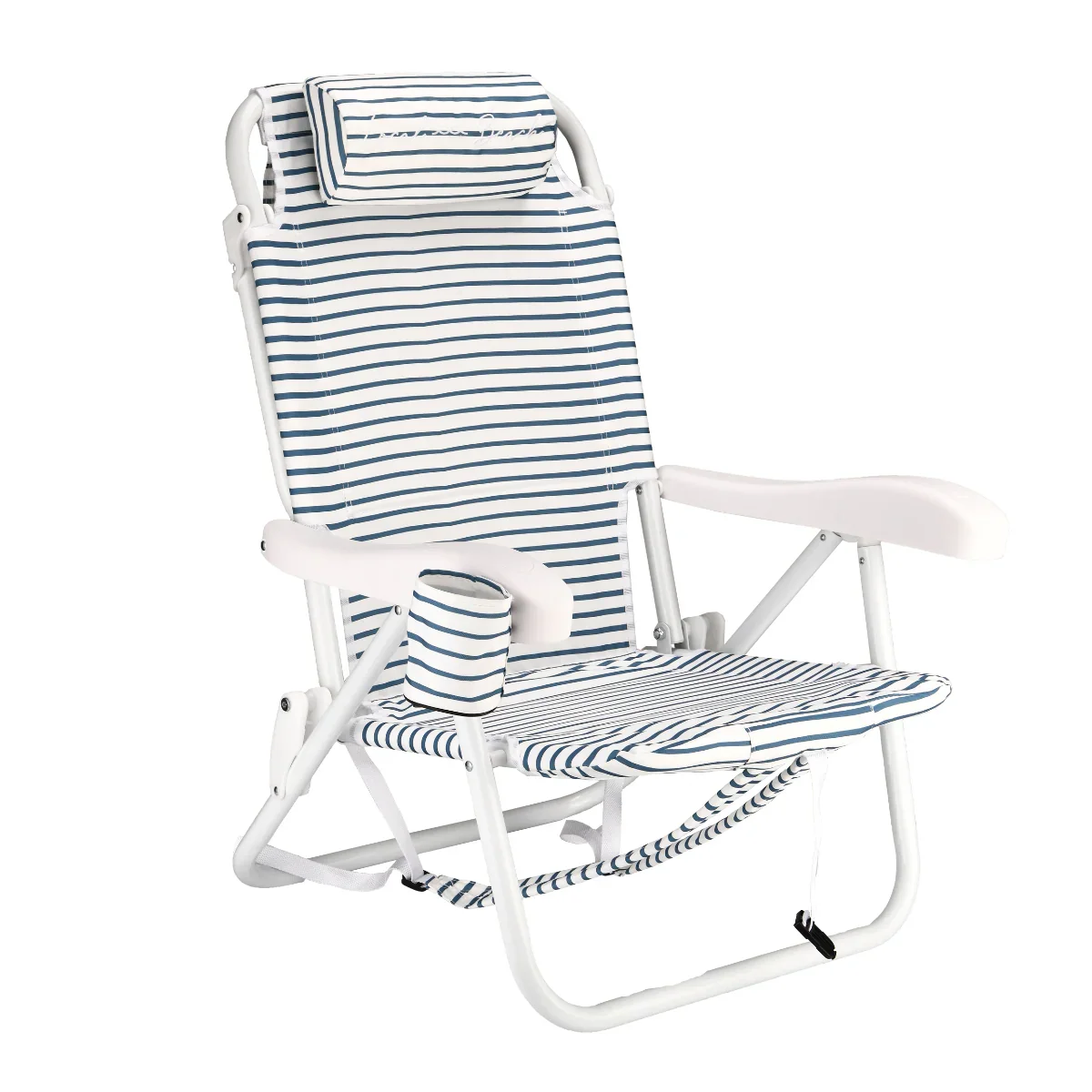 A white and blue striped outdoor reclining chair with armrests and a small detachable pillow.