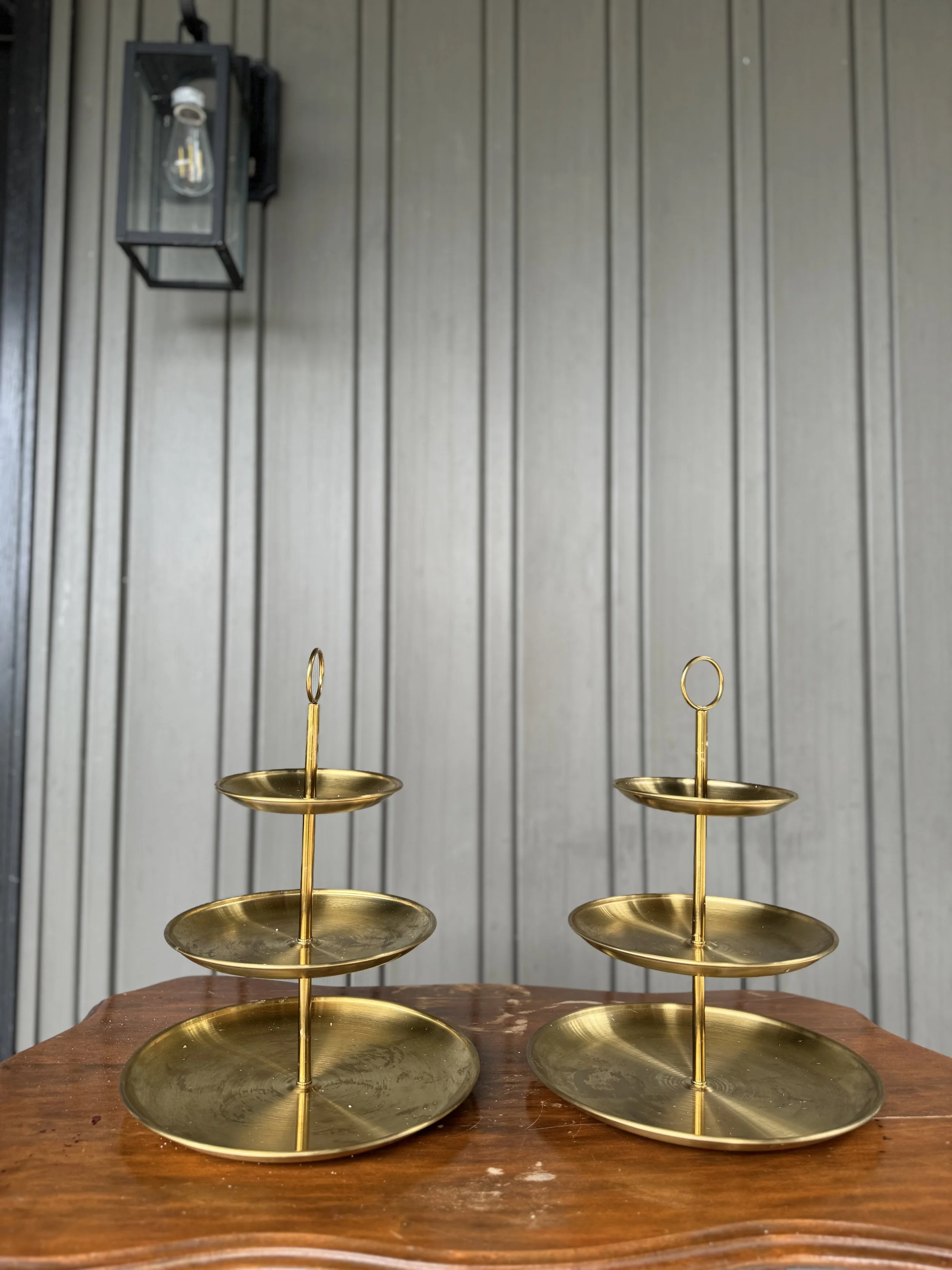 (2) gold tiered dessert stands