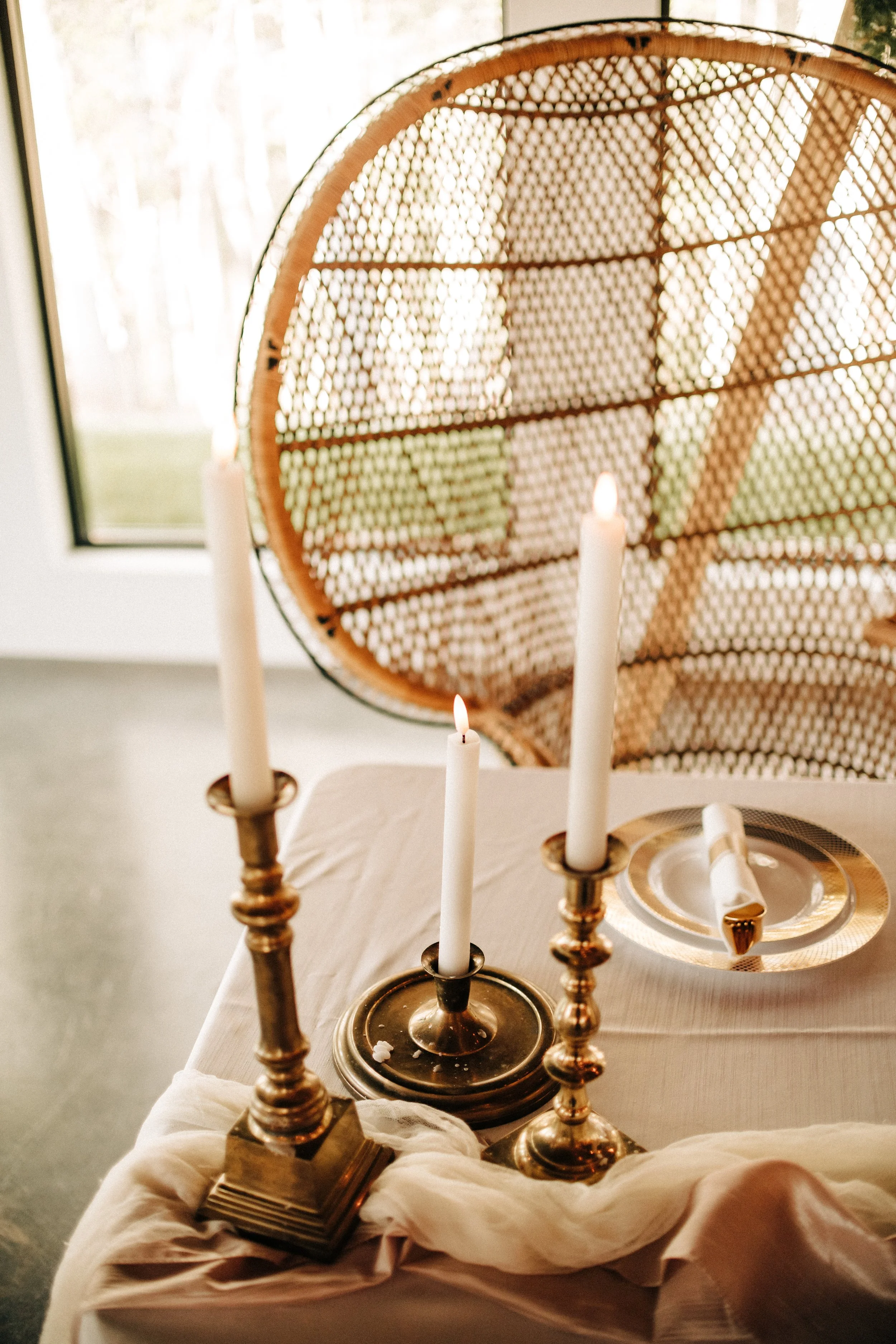 (59) brass candlesticks & electric candles