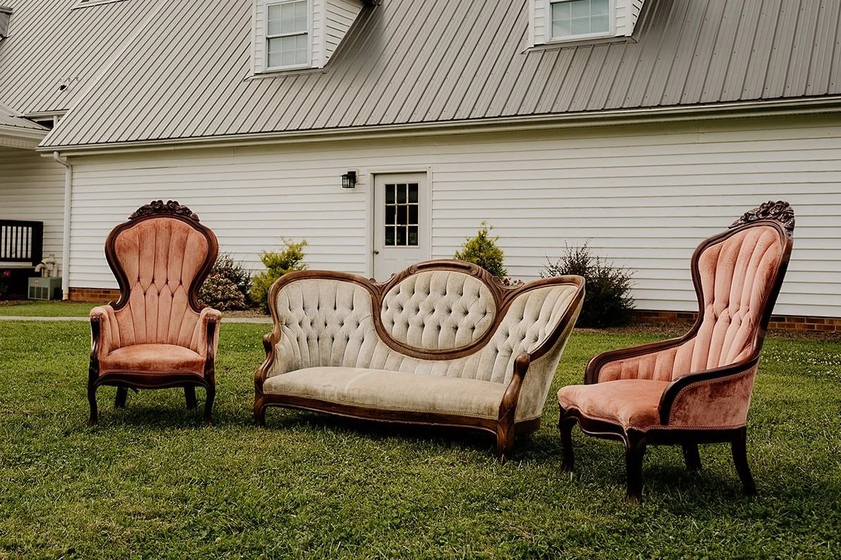 (2) victorian chairs and (1) velvet couch