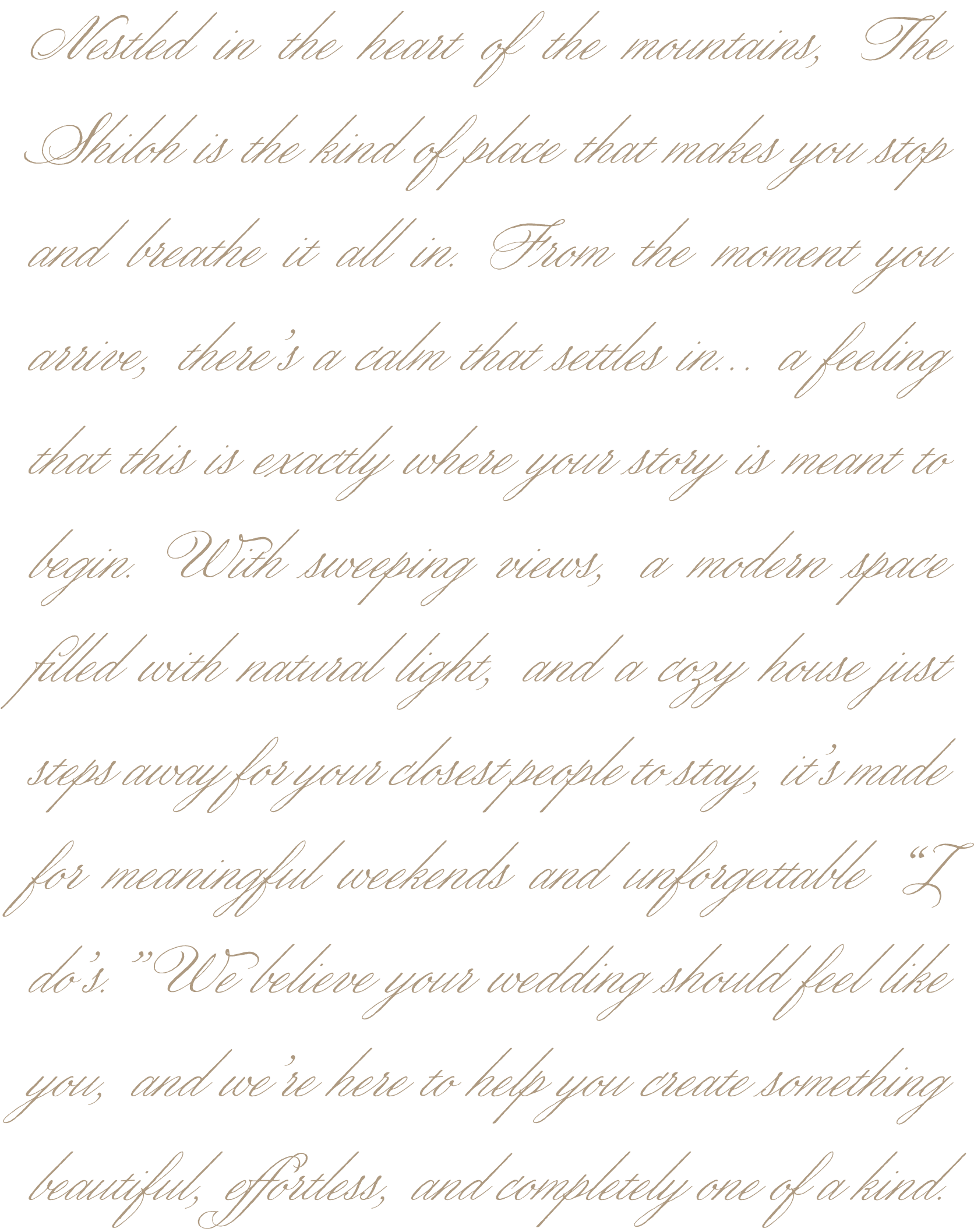 A quote written in elegant cursive script on a black background. The quote discusses the significance of a chapel in a meaningful wedding setting, emphasizing natural lighting, cozy atmosphere, and creating a beautiful, effortless celebration.