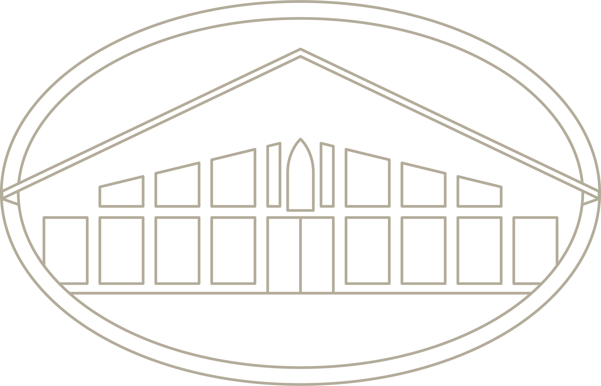 Line drawing of a modern building or event space with a curved roof, large glass windows, and an arched doorway, outlined in white on a black background.