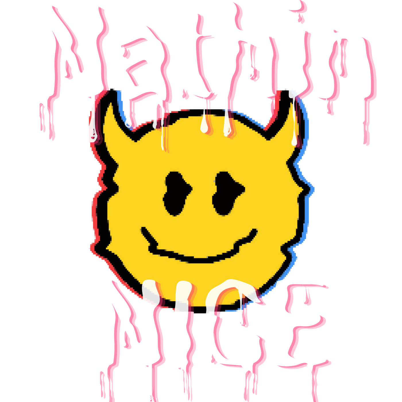 A yellow smiley face with black eyes and a black smile, wearing purple devil horns. The background has pink and white text that is partially visible and distorted.