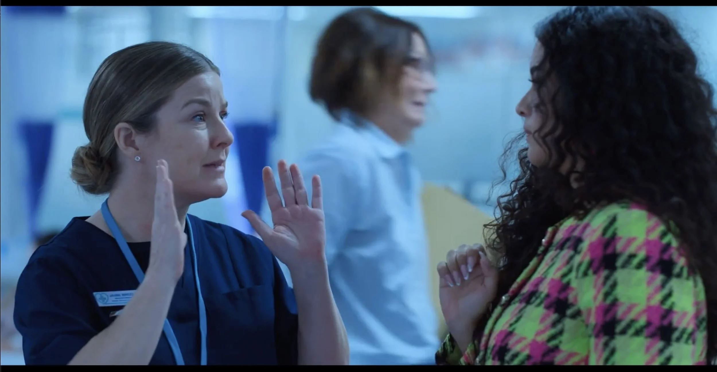 Jaime is not a welcoming nurse to Rosa (Paula Garcia) & Bernadita (Claudia di Giusti). Featuring Edith (Anita Hegh) running away 