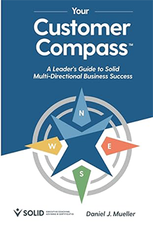Cover of a book titled 'Your Customer Compass' with a subtitle 'A Leader's Guide to Solid Multi-Directional Business Success.' The cover features a star-shaped compass with North, South, East, and West points labeled, and the author's name, Daniel J. Mueller.