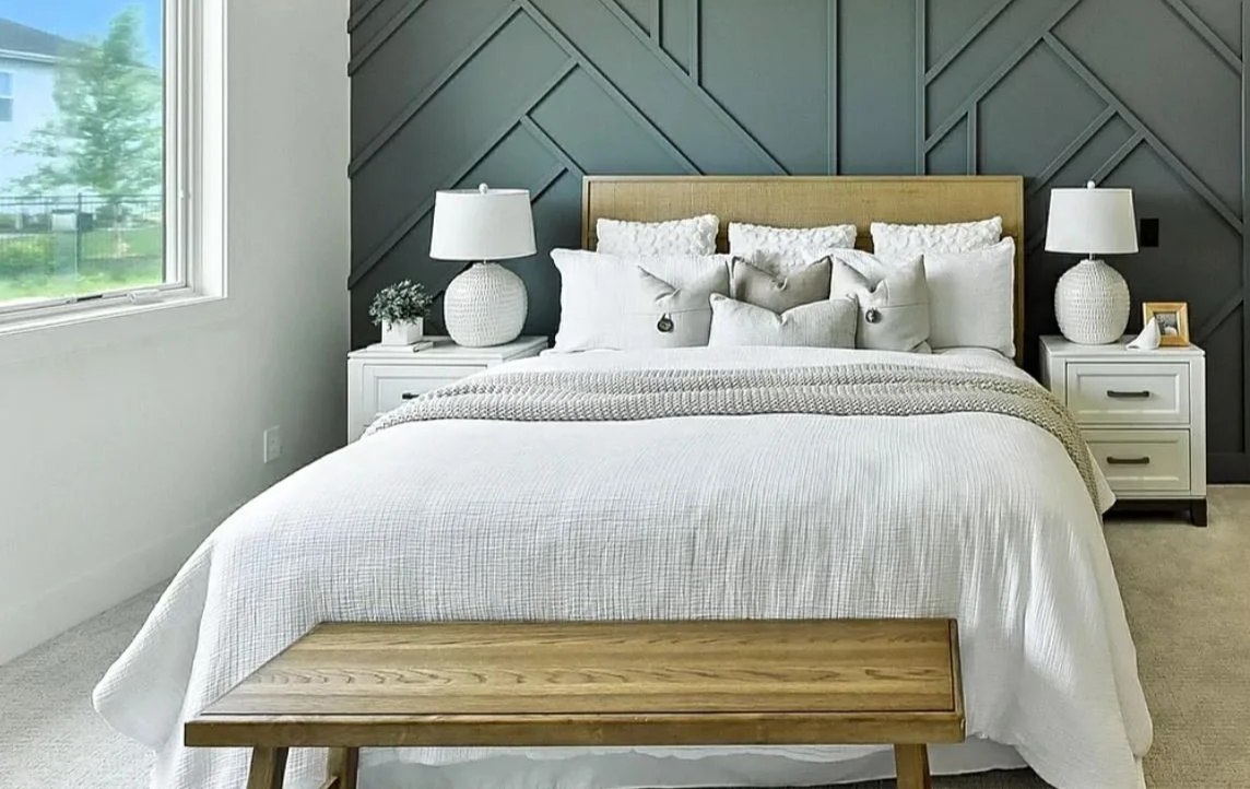 Primary bedroom staged to sell in Omaha, NE