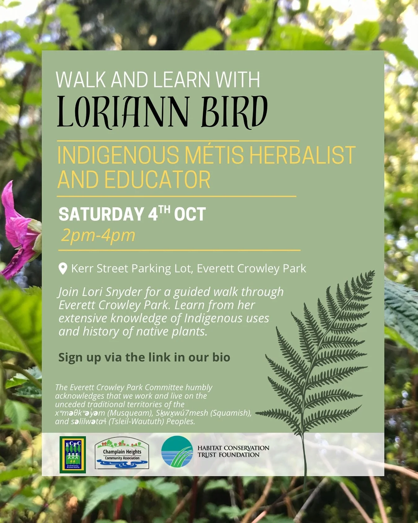 Join LoriAnn Bird and ECPC this Saturday afternoon for an indigenous led nature walk.

Lori is a Metis herbalist and educator, and will share on her knowledge of plants and their Indigenous uses thought time.

Register via the link in our bio.