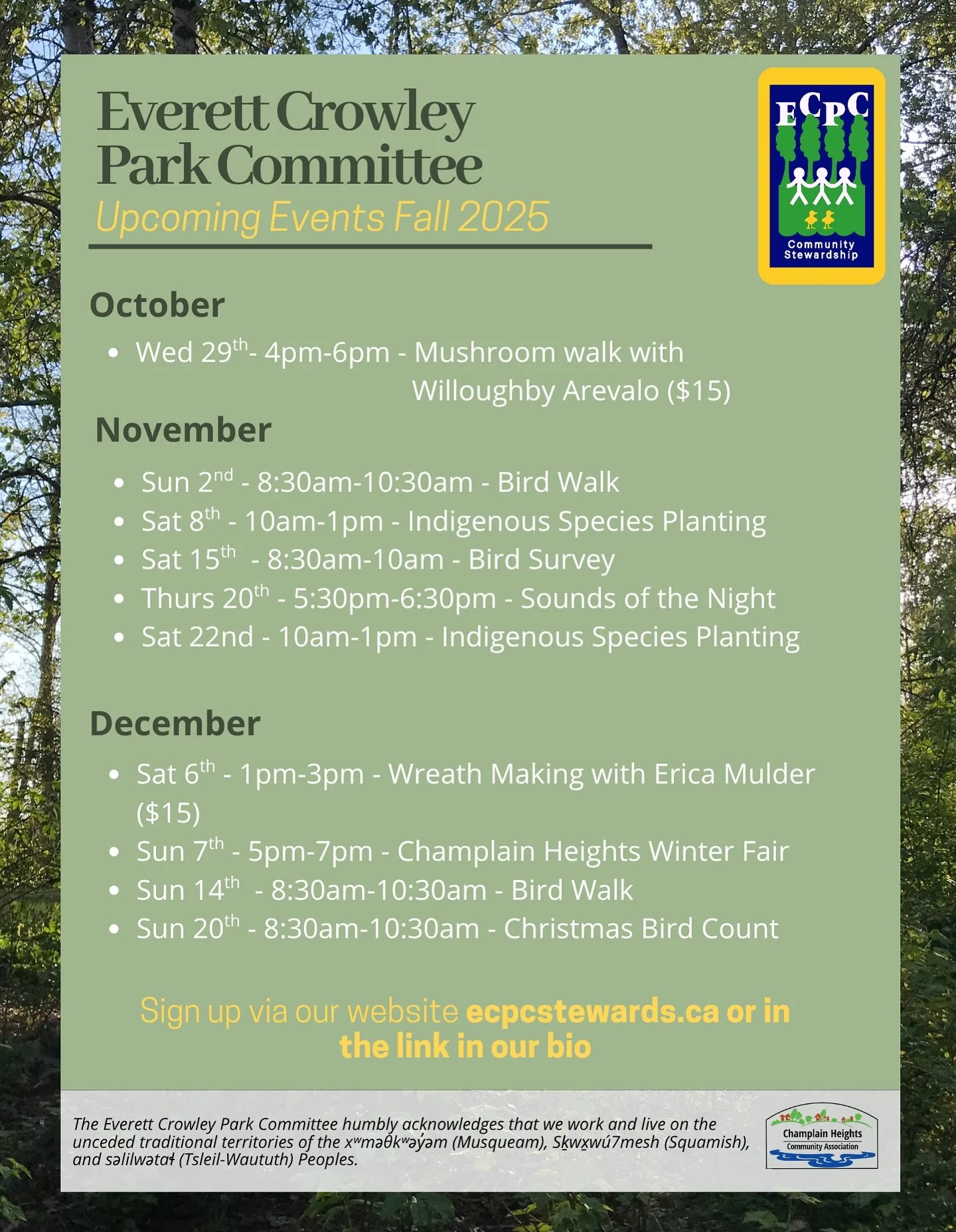 UPDATED TIMES: The remainder of our fall programming is out! Join us for planting, mushroom walks, wreath making and more! 

Sign up via the EcPC website (ecpcstewards.ca) or visit the link in our bio.