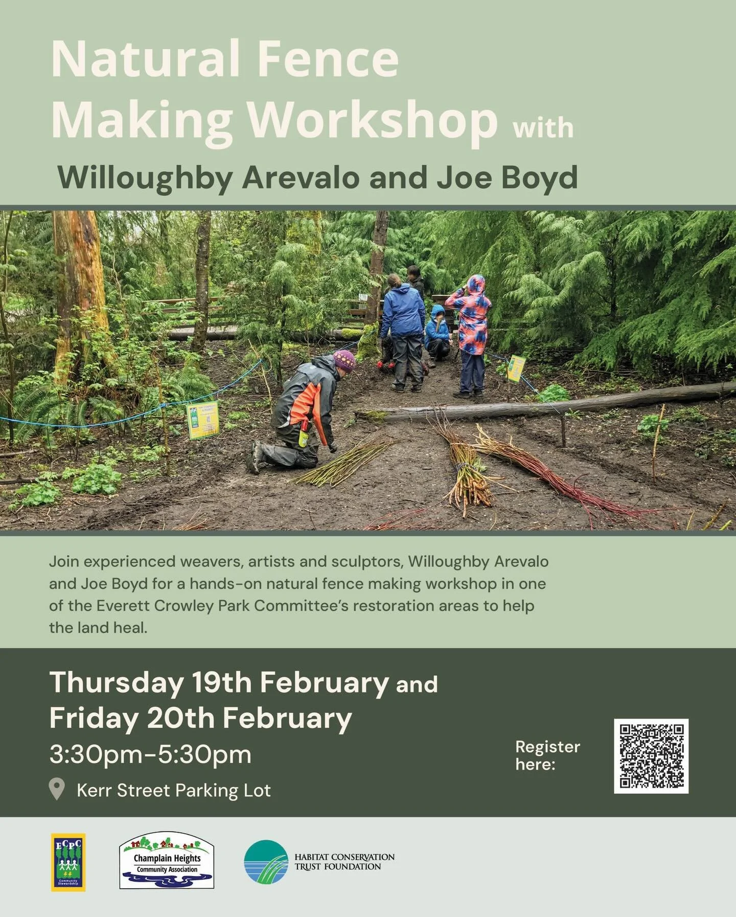 Join us for two natural fence making workshops! With guidance from experienced weavers Joe and Willoughby, we will be using plants found within Everett Crowley Park to create a sculptural fence at our Chorus Frog Corner restoration site.

This is a g