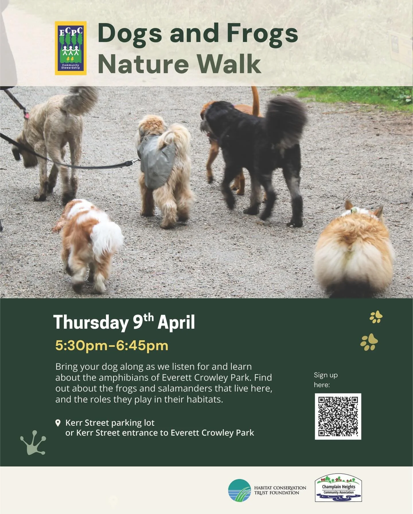 NEW DATES! Dog owners, this one is for you! 

ECPC are excited to be running our first &lsquo;Dogs and Frog Nature walk&rsquo;. Join us to meet other dog owners, find out more about the environmental stewardship work being done in Everett Crowley Par