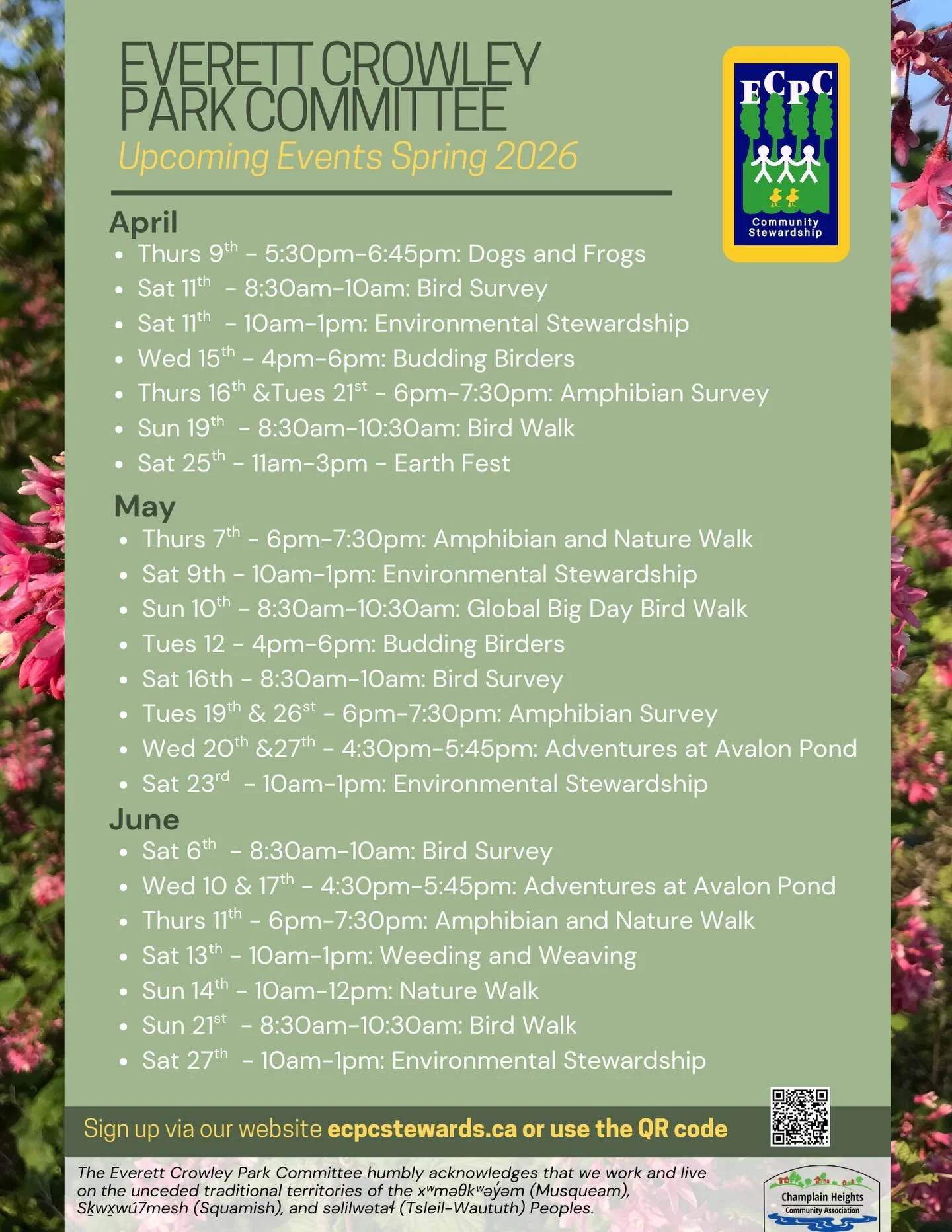 UPDATED: Our spring events calendar is out! Sign up now! 🌿

There is a way for everyone to engage with nature, from environmental stewardship, amphibian surveys, bird walks, kids programs and eco arts!

Sign up via the link in our bio.