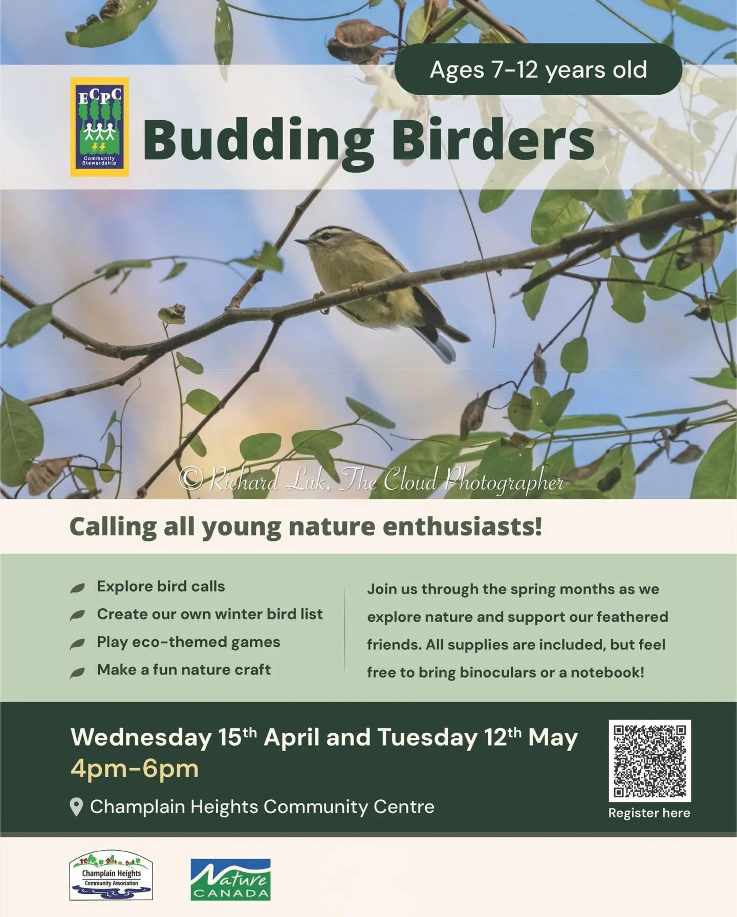 RESCHEDULED: our budding birders workshops have been rescheduled! 

Join our experienced nature educators for these kids focused birding workshops. Combine science, nature and crafts to learn about migratory birds found in your back yard! 

Register 