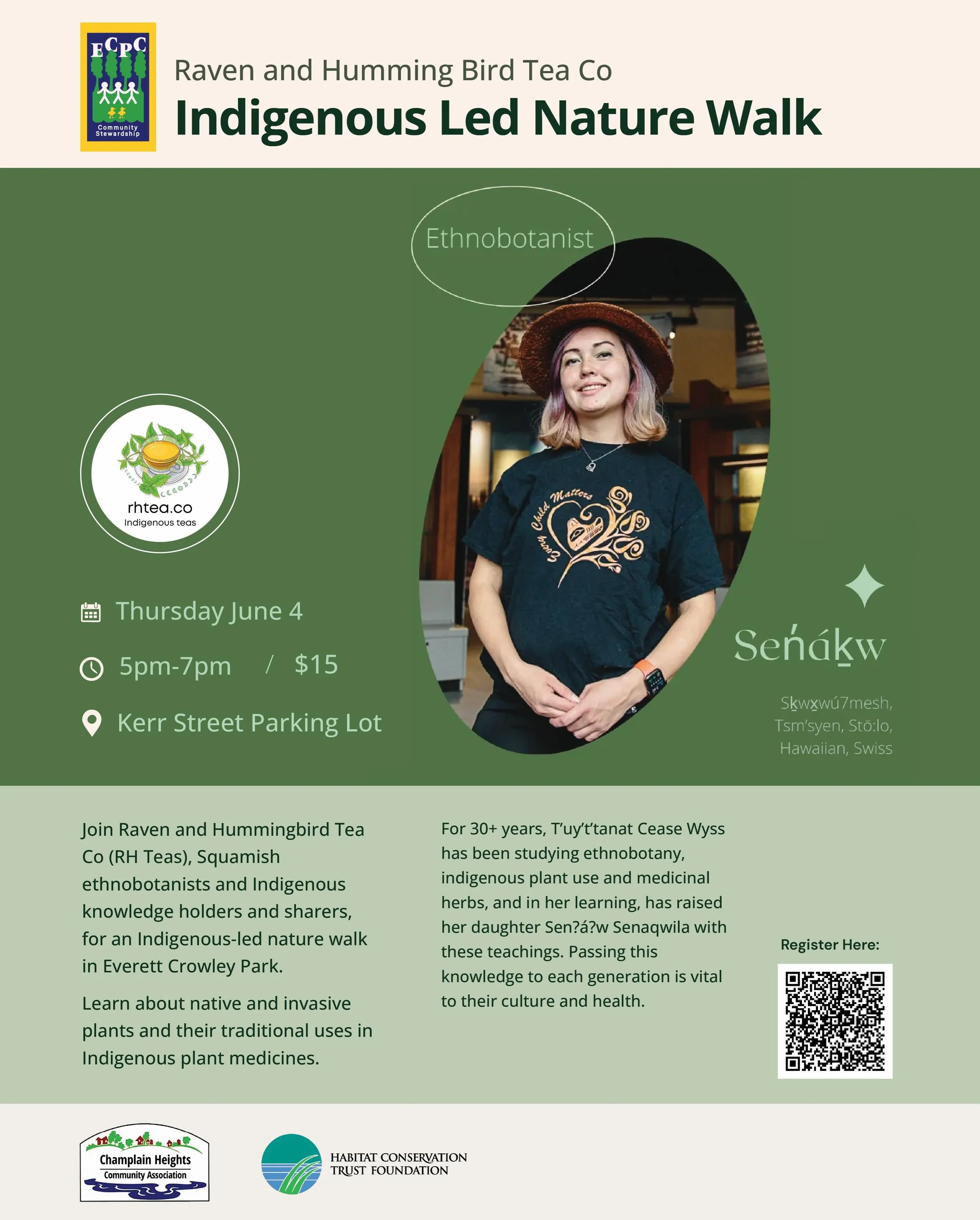 Join Raven and Hummingbird Tea Co for an Indigenous Led Nature Walk in Everett Crowley Park 🌿

Sign up using the QR code or via the link in our bio!