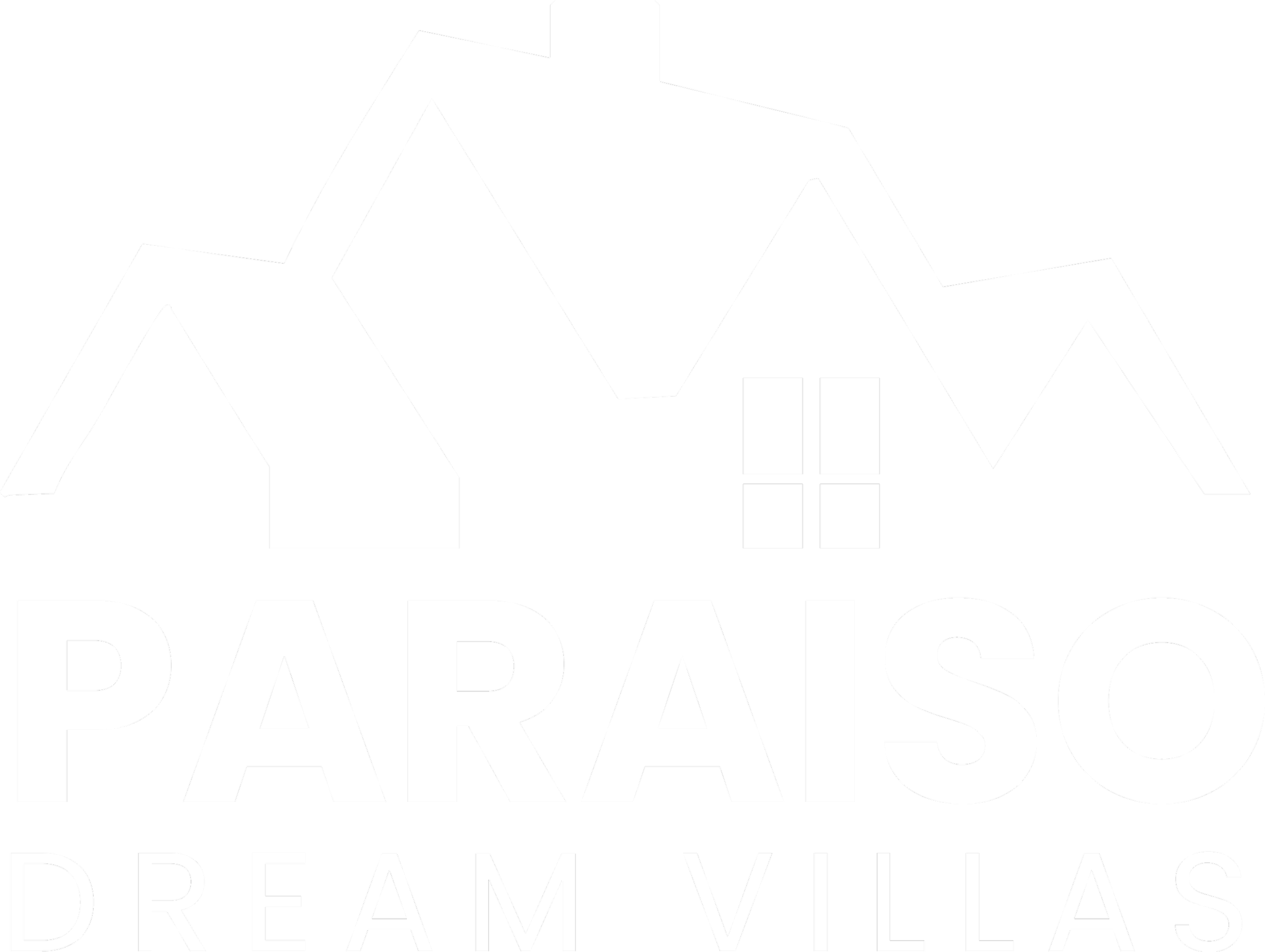 Logo de un complejo residencial llamado Paraíso Dream Villas, con silueta de casas y montañas.
