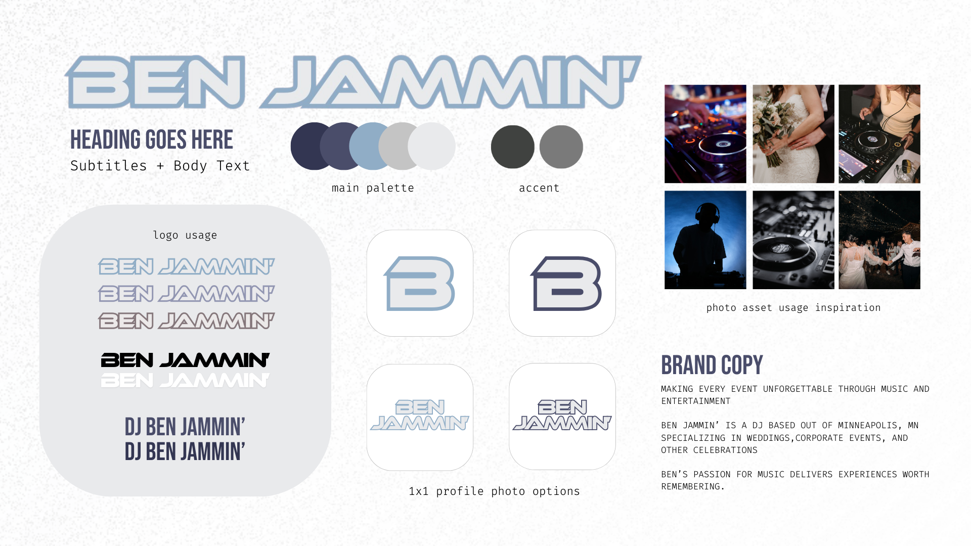 A branding presentation slide for DJ Ben Jammin. It features color palettes, logo styles, photo inspiration, and brand copy emphasizing music and entertainment for events.