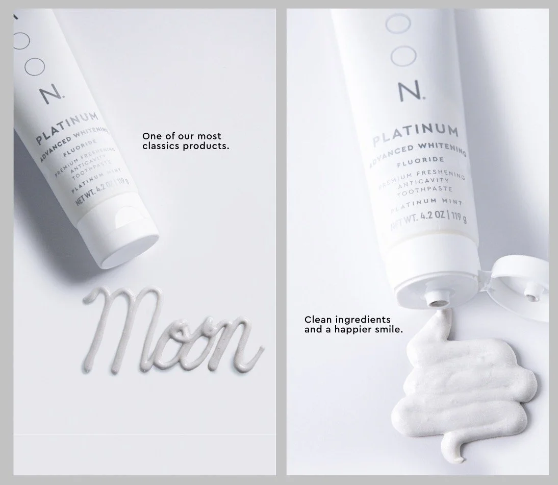A tube of O.O. Platinum Advanced Whitening Fluoride toothpaste with the word 'Mom' written with toothpaste on a white surface, indicating it as a classic gift product for mothers. The image also shows a swirl of toothpaste and the text highlighting c