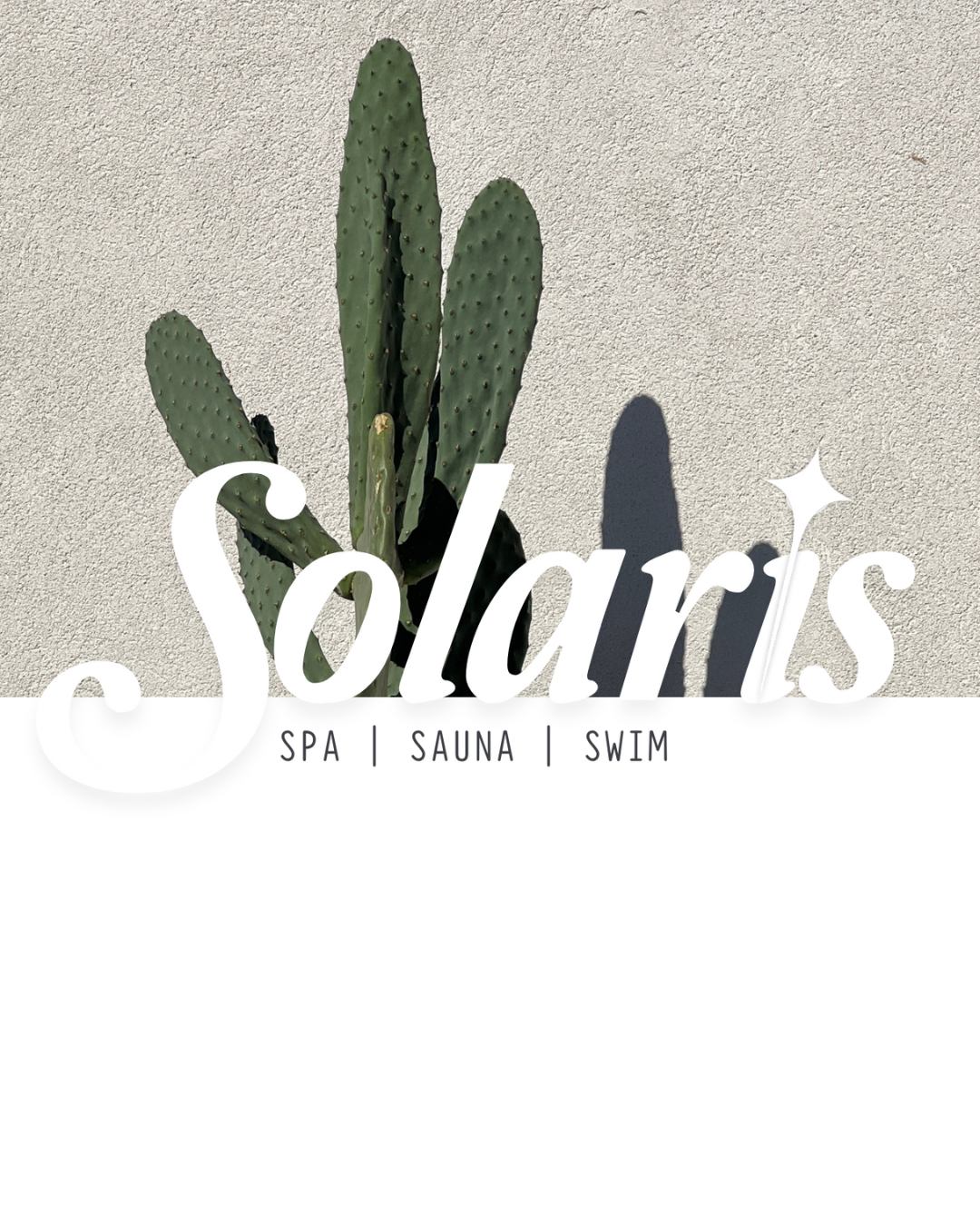 A green cactus plant with several pads casts a shadow on a plain light-colored wall, with the text 'Solas' overlayed and the words 'SPA, Sauna, Swim' underneath.