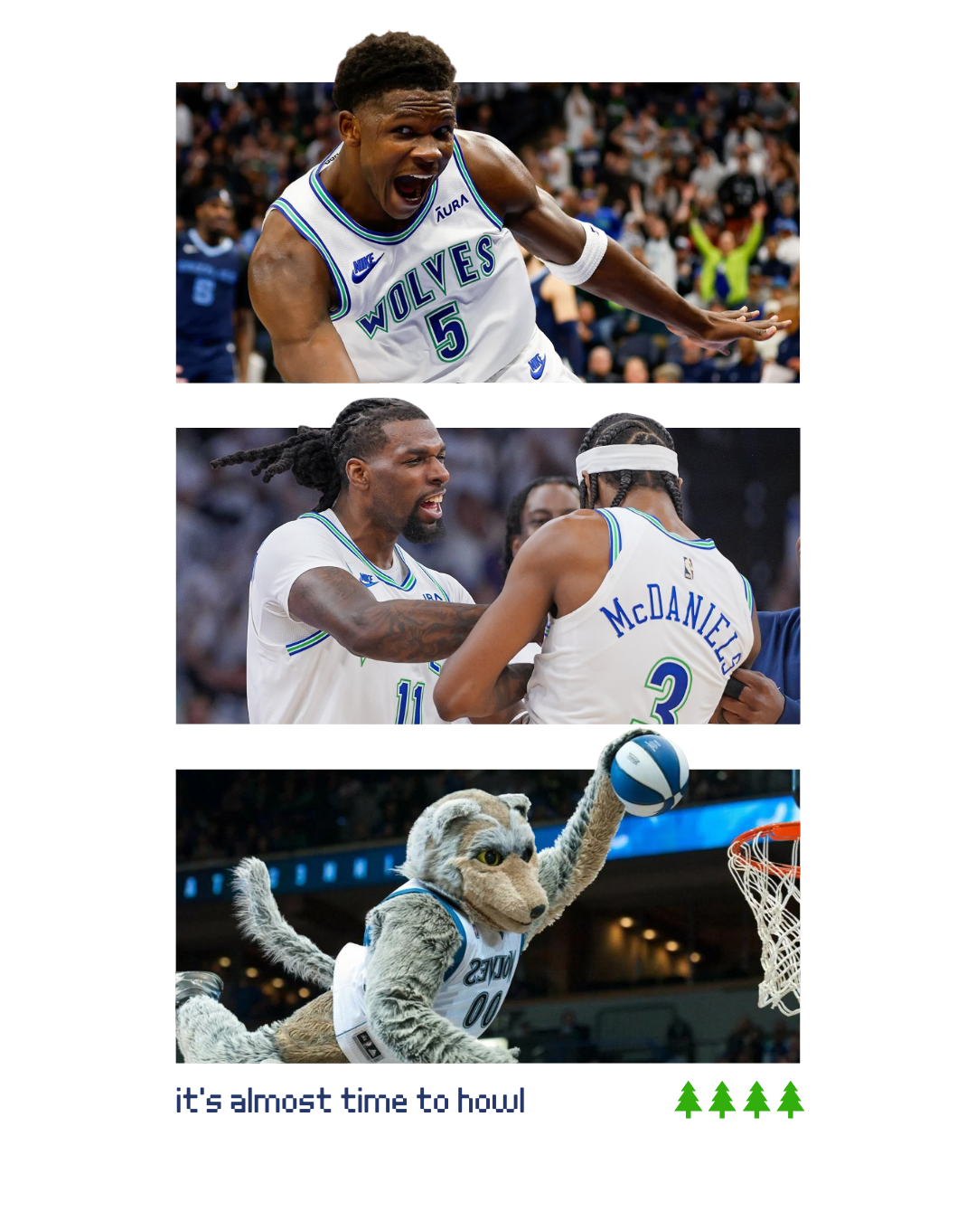 Three images of basketball players and a mascot. The first player is celebrating, the second appears to be consoling or talking to another player, and the third is a mascot in a lion costume shooting a basketball. Text at the bottom reads 'it's almos