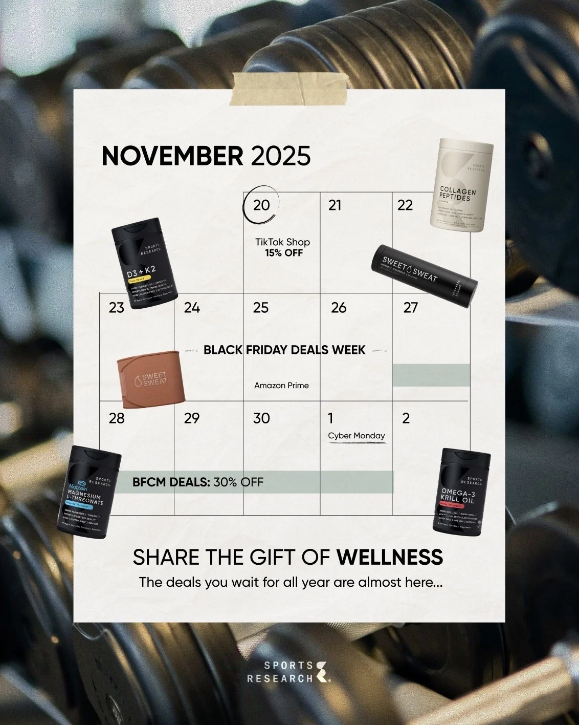 A calendar for November 2025 with fitness supplement products and sale details, including discounts for Black Friday and Cyber Monday, against a background of gym weights.