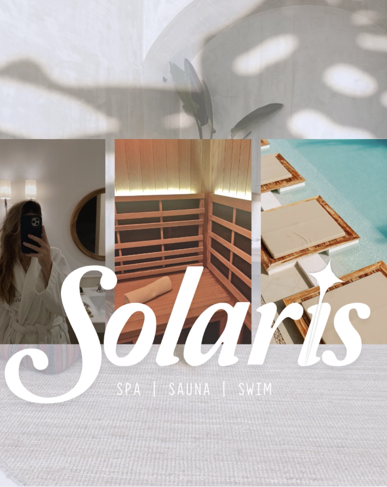 Collage of four images showing a woman in a robe taking a mirror selfie, a wooden sauna room, a swimming pool with lounge chairs, and a white textured towel with the text 'Solaris Spa Sauna Swim' overlaid.