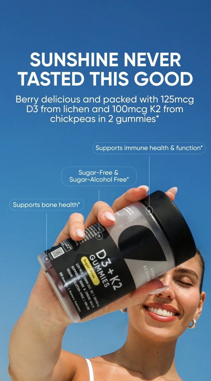 A woman is holding a container of dietary gummies with a bright smile against a blue sky background. The container mentions D3 and K2 gummies, highlighting benefits like immune support, bone health, and being sugar-free. Overlay text emphasizes the f