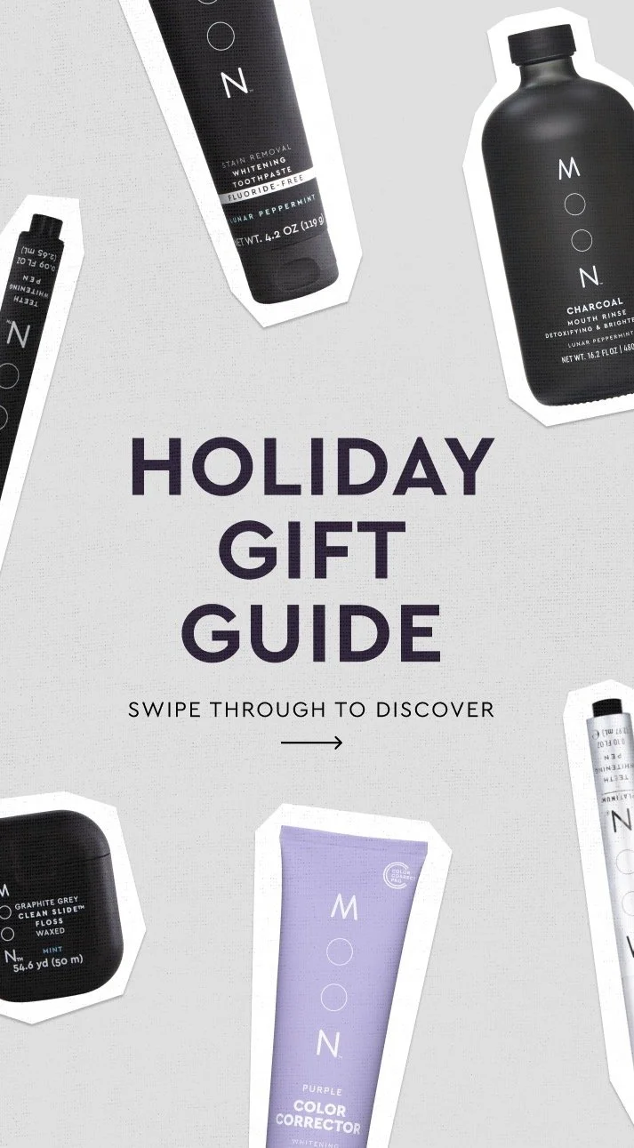 A holiday gift guide featuring M O N oral care products, including whitening toothpaste, mouth rinse, and color corrector, with a prompt to swipe through to discover more.