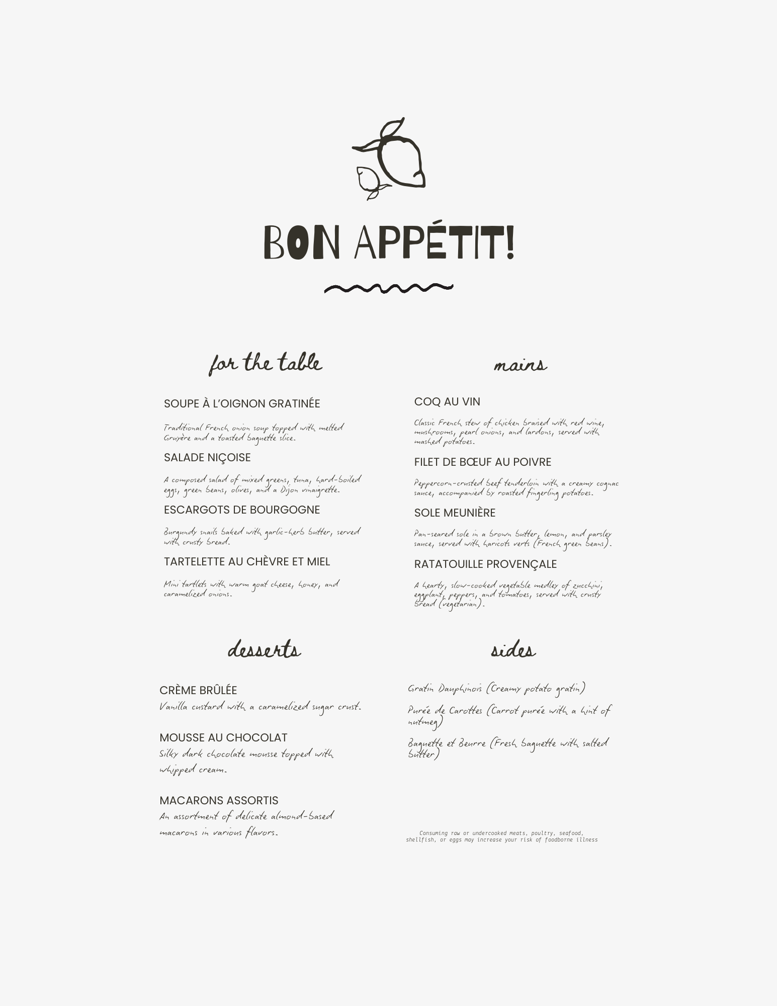French menu with handwritten style text, titled 'Bon Appétit!' with a lemon illustration, listing dishes for starters, mains, desserts, and sides.