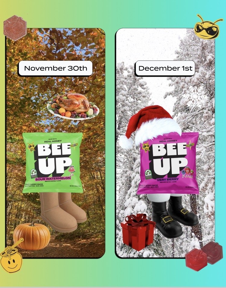Split image showing two different scenes for holiday dates. On the left, an autumn scene with a background of trees with colorful leaves, a pumpkin, a pair of boots with a green BEF UP snack in front, and a cooked turkey on a plate floating in the ai