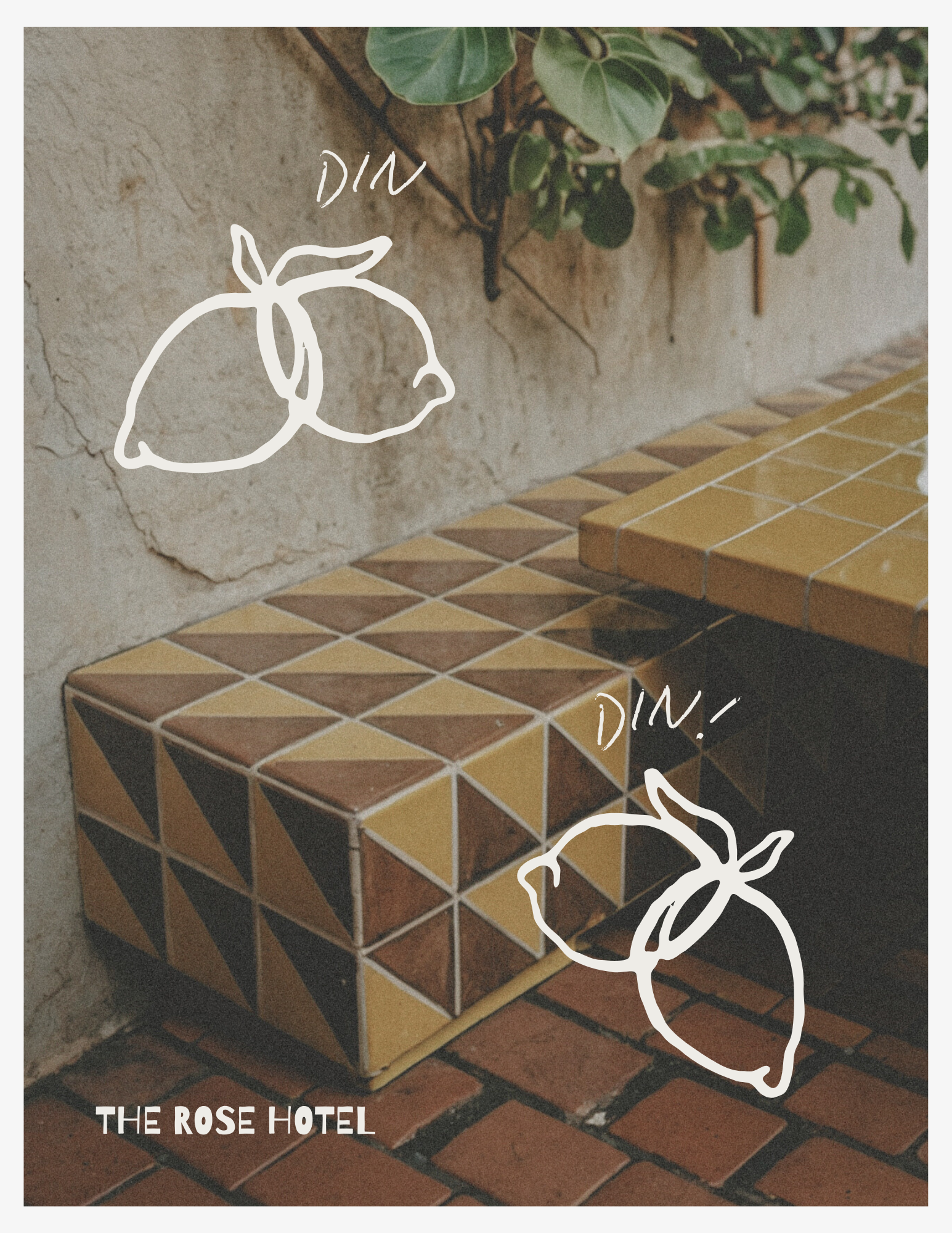 Tile bench with geometric yellow, brown, and black pattern beside a textured stone wall with green plant above, with white lemon illustrations and the words 'DIN' and 'THE ROSE HOTEL'.