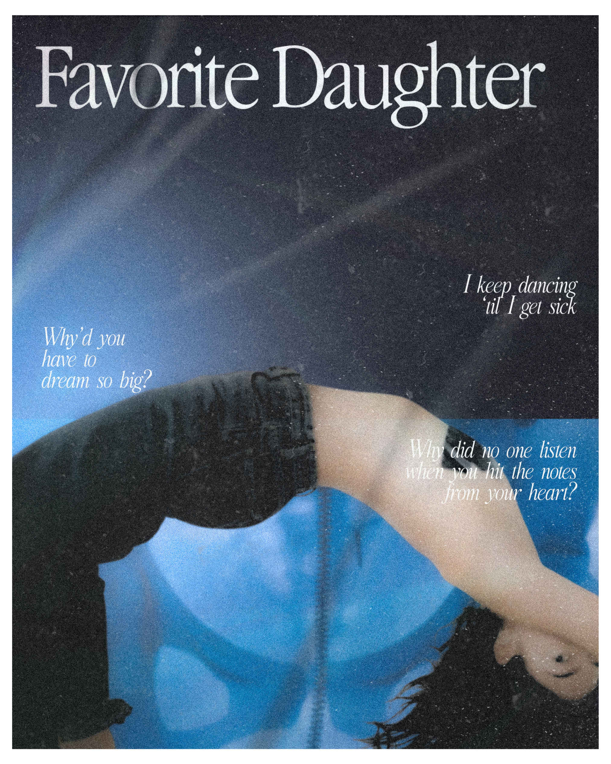 A woman is lying on her side, wearing a shiny blue dress with black lace sleeves. The background is dark, and the text overlay reads 'Favorite Daughter' at the top and includes poetic phrases about dancing, dreaming, and listening to heart notes.