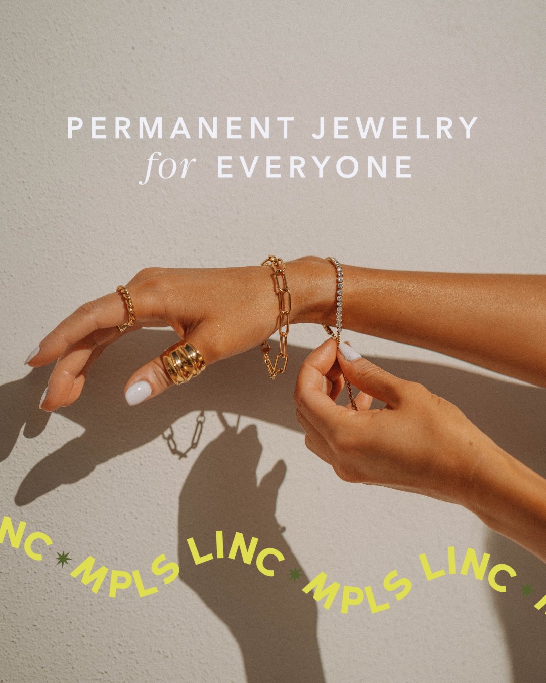 A hand displays various gold and silver jewelry, including rings, bracelets, and a chain, against a light textured background with text promoting permanent jewelry for everyone.