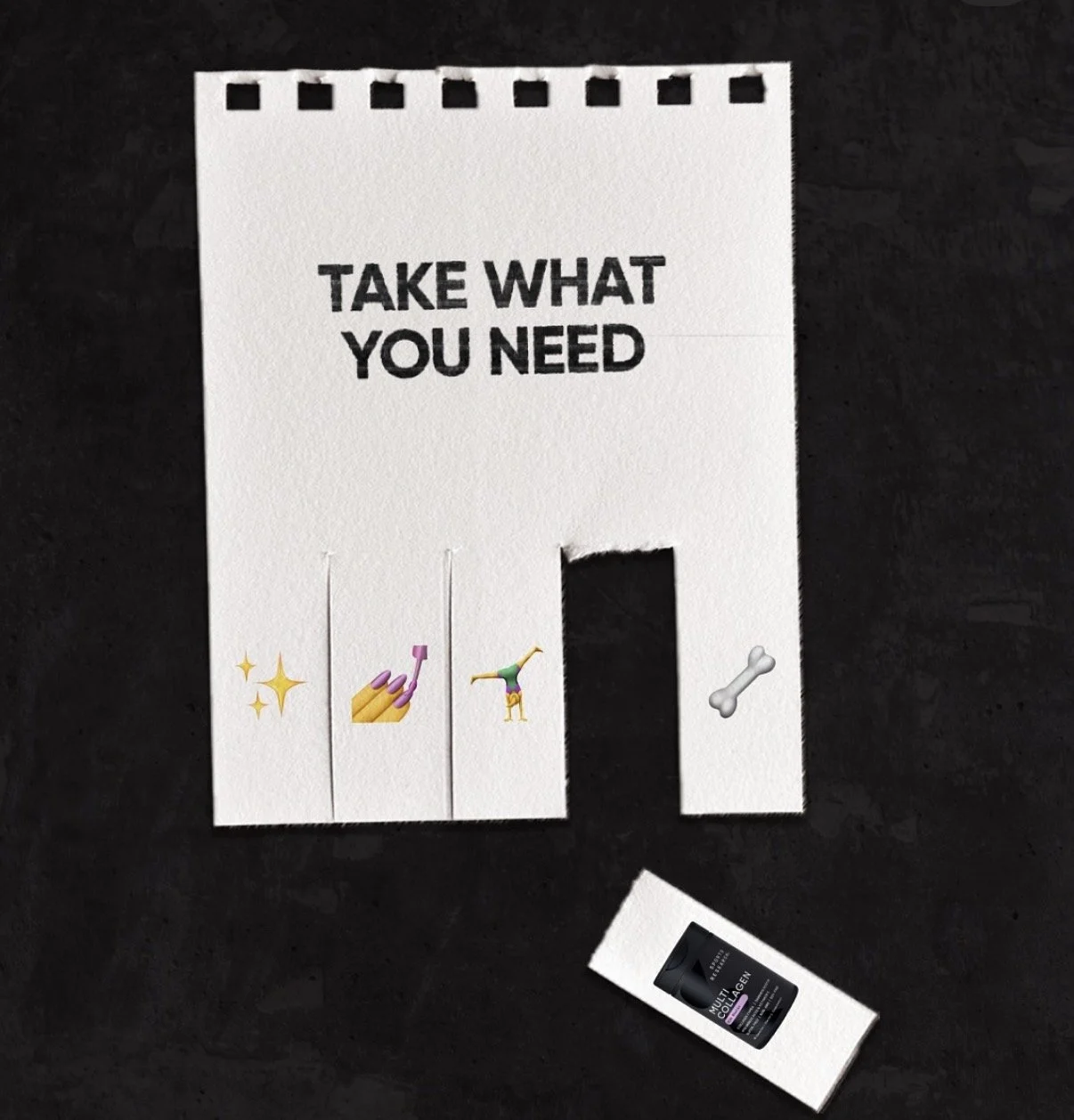 A white note card with the words "Take what you need" printed on it. Below the text, there are four small paper strips with emojis: a sparkle emoji, a hand with painted nails, a person doing a handstand, and a bone. There is a small tube of collagen 