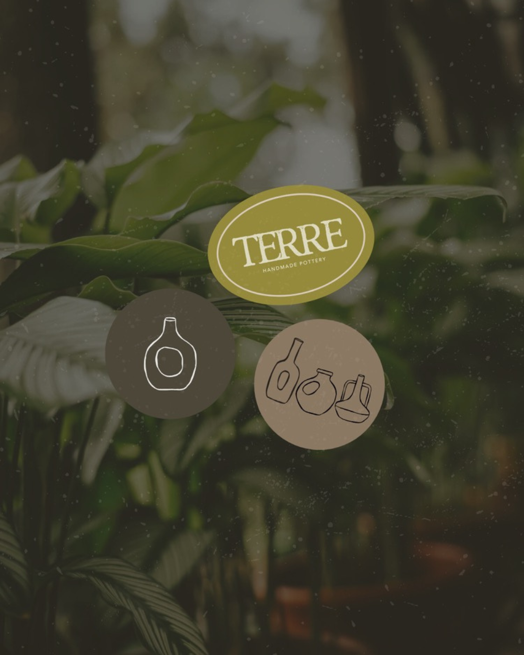A logo for Terre Handmade Pottery with a background of green plants and icons of pottery