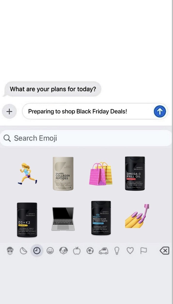 Text conversation about Black Friday plans with shopping emoji icons and supplement bottles, shopping bags, a laptop, and a pair of pink and yellow pencils