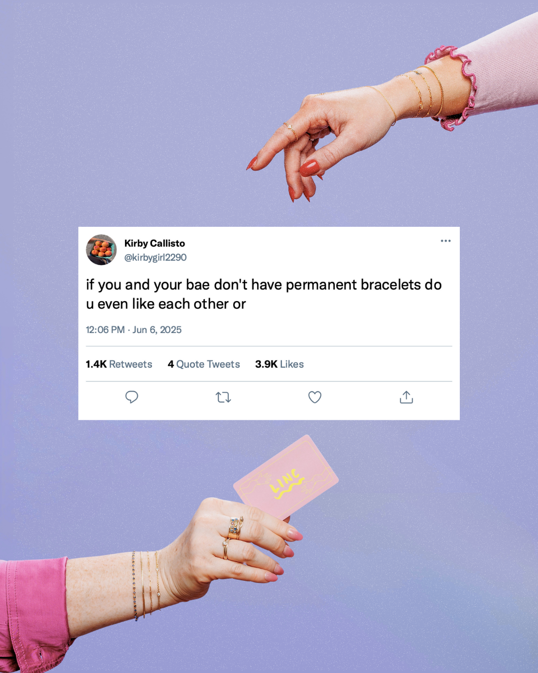 A woman with pink nails and jewelry holding a pink UNC credit card, with a hand in the background showing a tweet about bracelets and liking each other.