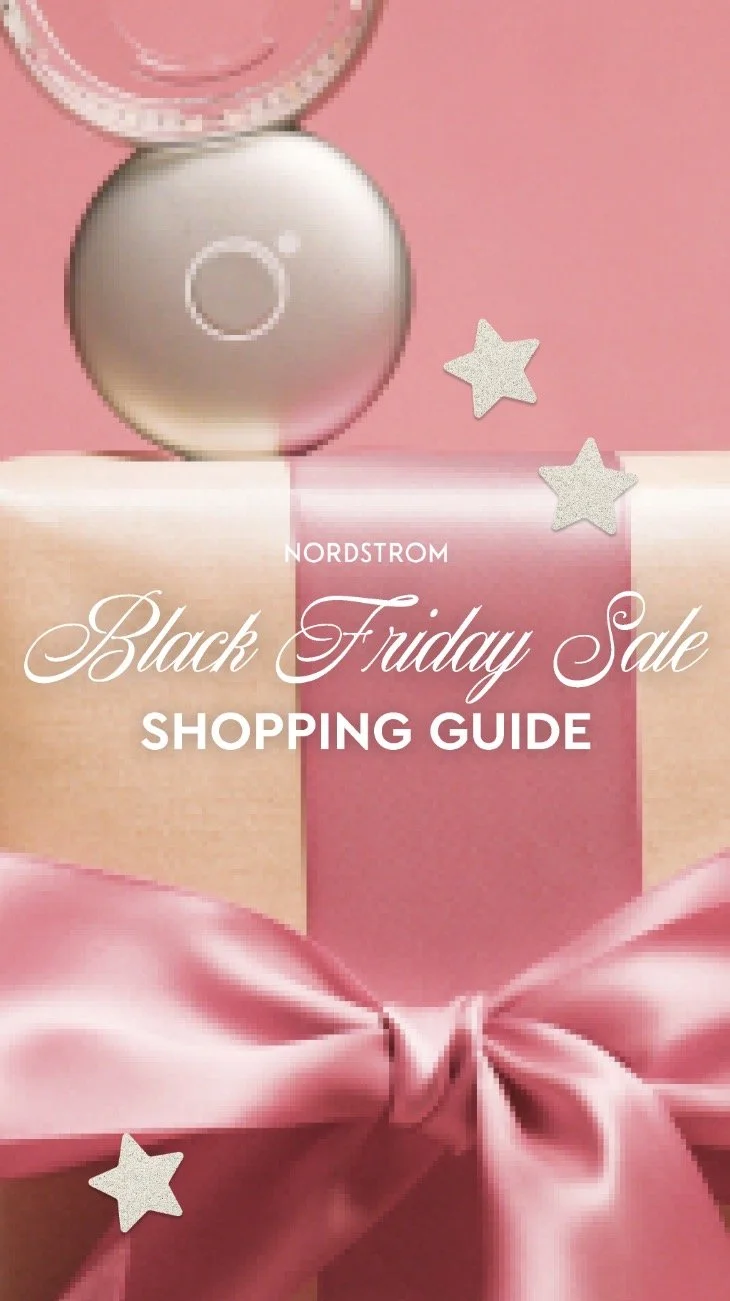 Pink background with a silver ornament, pink stars, and a pink satin ribbon bow, promotional graphic for Nordstrom's Black Friday sale shopping guide.