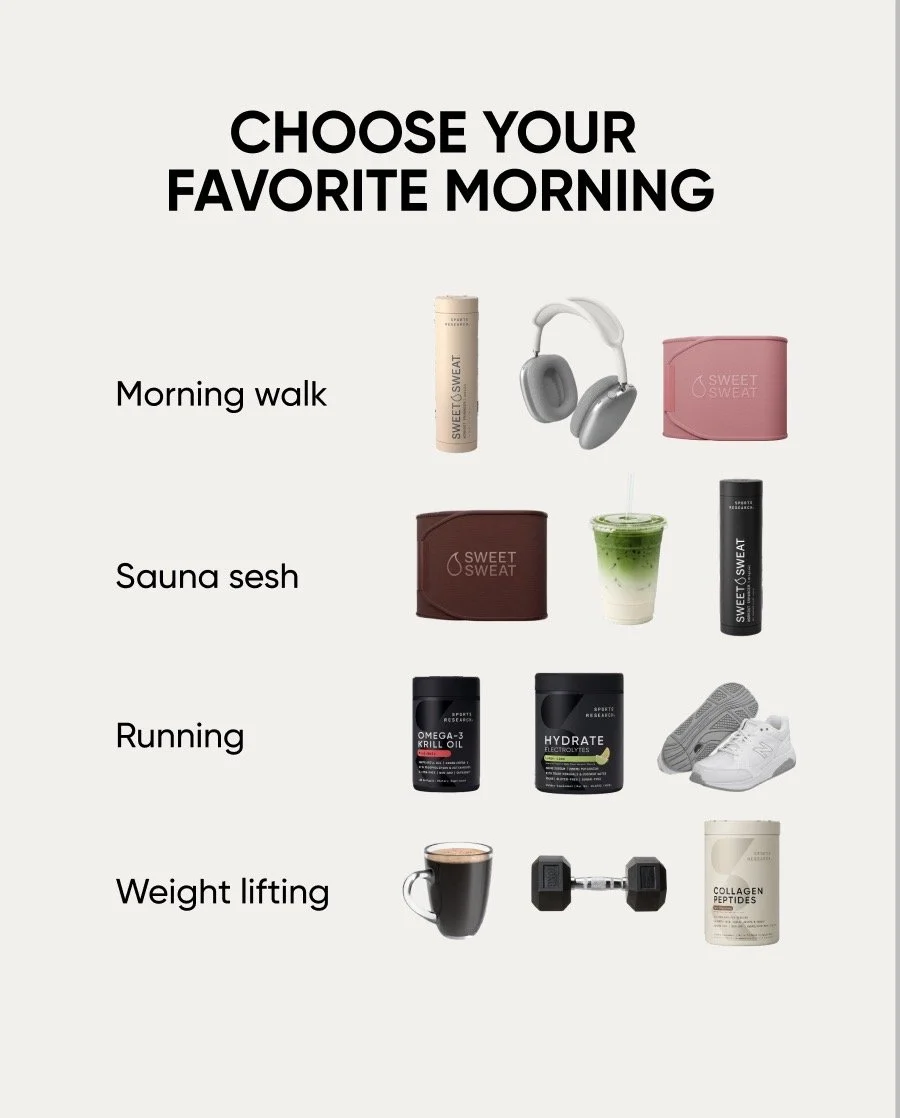 A graphic titled "Choose Your Favorite Morning" showing four morning routines with corresponding items. Morning walk includes a travel mug, headphones, and a pink container. Sauna sesh includes a brown container, a green smoothie, and a black water b