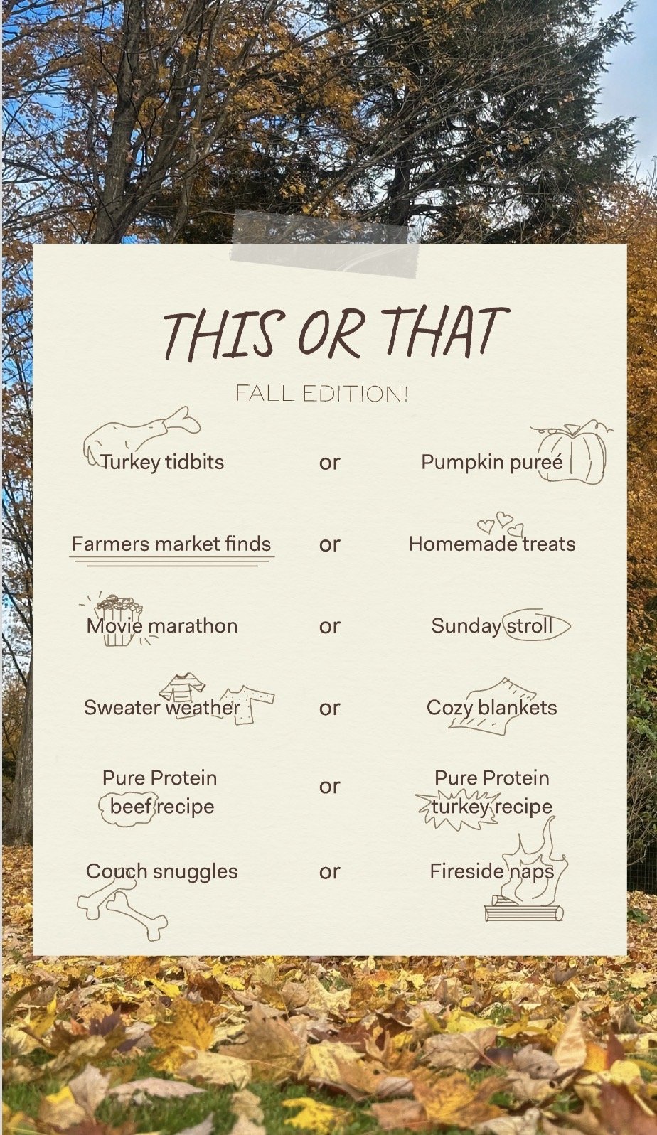 Fall-themed quiz card with illustrations of a turkey leg, pumpkin, popcorn bucket, sneakers, and firepit, asking to choose between options like turkey tidbits or pumpkin purée, farmers market finds or homemade treats, movie marathon or Sunday stroll,