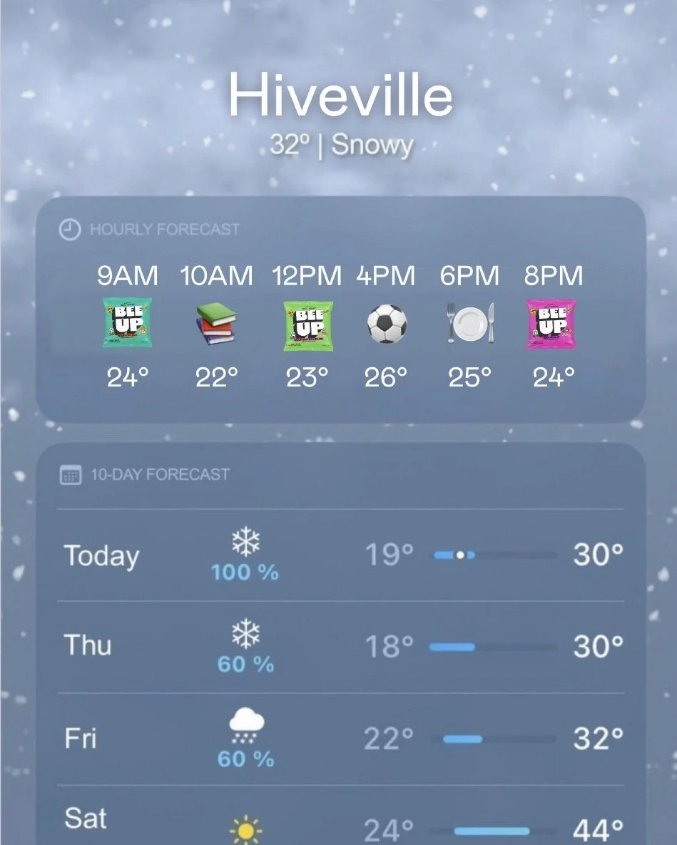 Weather forecast for Hiveville, 32 degrees and snowy, with hourly and 10-day forecast icons and temperatures.