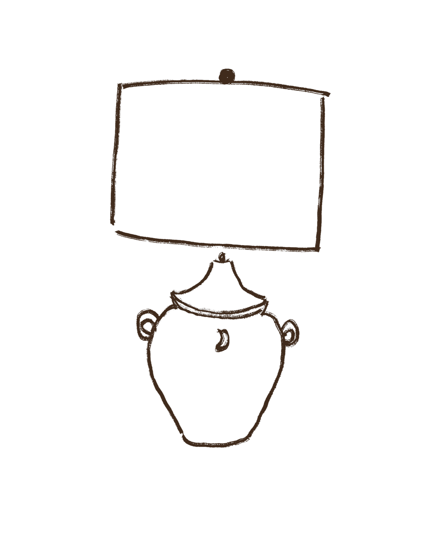 A hand-drawn illustration of a ceramic vase with a lampshade on top, connected by a small round element.