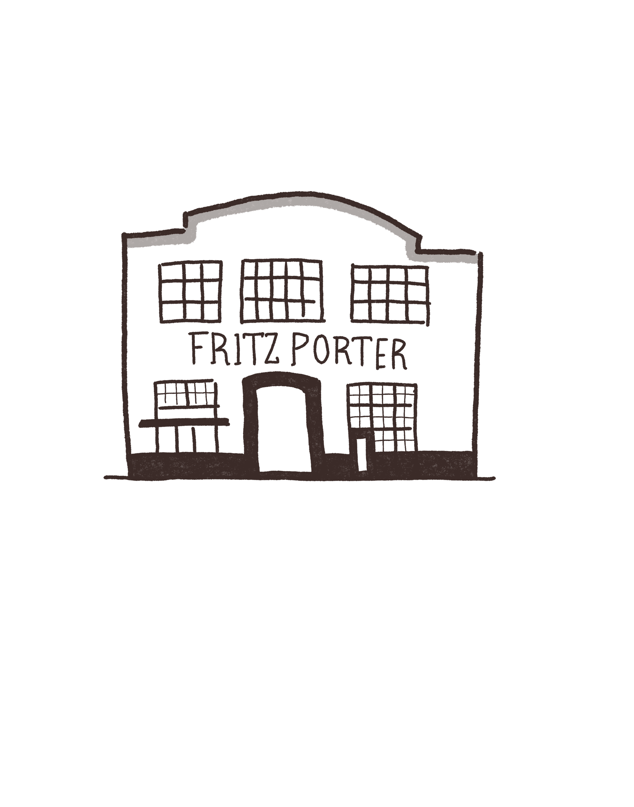 Drawing of a building labeled 'Fritz Portner' with multiple windows and a central arched entrance.